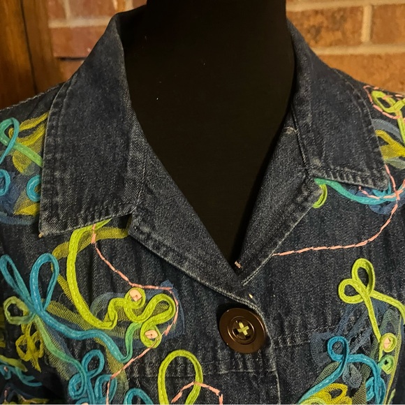 CHOICES Women PM Denim Jacket Ribbon Embellished Blue Snap Closure Long Sleeves - Picture 7 of 16